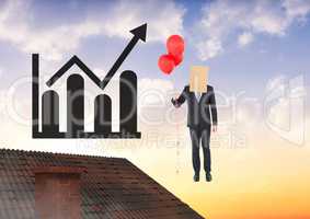 Man floating with balloons and paper bag on head over roof with incremented bar chart