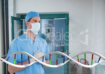 Doctor man standing with 3D DNA strand