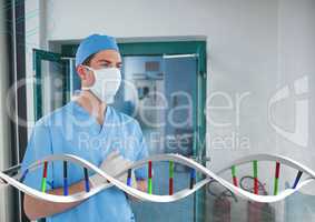 Doctor man standing with 3D DNA strand