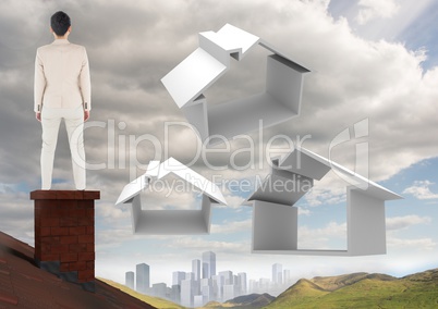 Businesswoman on roof with home  icons over city