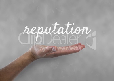 Hand interacting with reputation business text against grey background