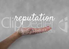 Hand interacting with reputation business text against grey background