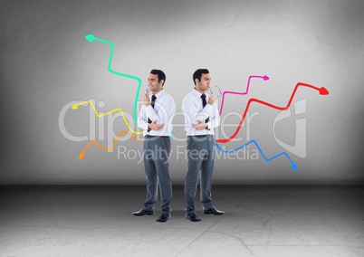 Colorful arrows in different directions with Businessman looking in opposite directions