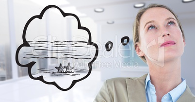 Business woman dreaming of beach against blurry white office