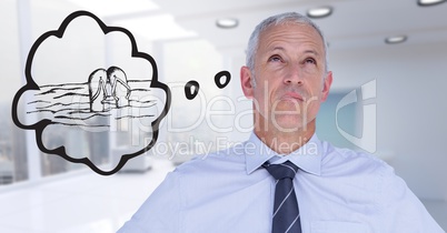 Business man dreaming of beach against blurry white office