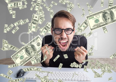 texting money. very happy man shouting in front of the computer,  money everywhere