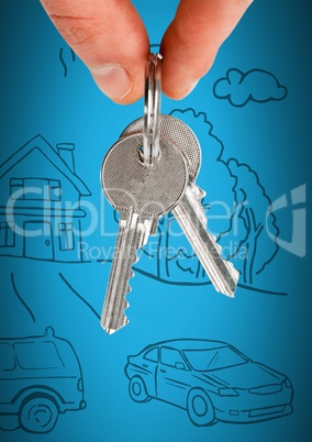 Hand Holding key with home drawing in front of vignette