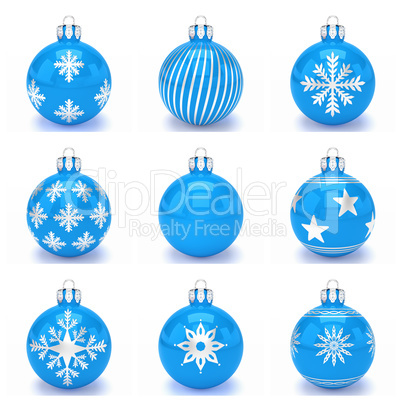 3d render - set of blue christmas bauble over white background