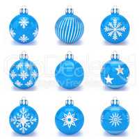 3d render - set of blue christmas bauble over white background