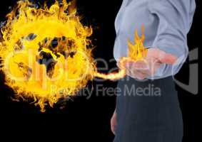 woman with hand spread of with earth  fire icon coming up from it. Black background