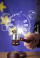 Judge banging gavel in front of European flag with flare and interface