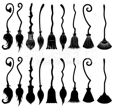 Set of different witch brooms