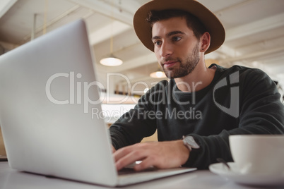 Businessman using laptop in cafe