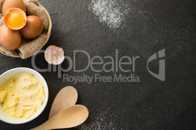 Overhead view of butter by eggs in bowl