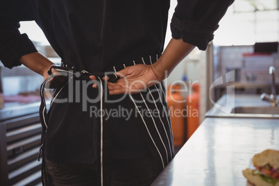 Mid section of waitress wearing apron