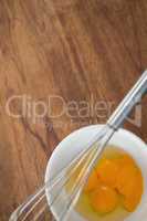 Overhead view of egg yolks in bowl with wire whisk