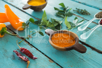 Various spices and herbs on wooden table