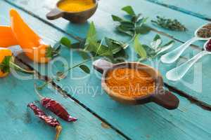 Various spices and herbs on wooden table