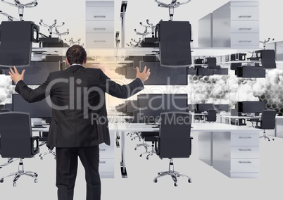 businessman standing in inverted office in clouds with flare