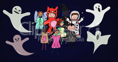 Childrens Halloween party with ghosts illustrations