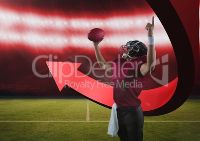 american football  player in stadium cheering with arrow