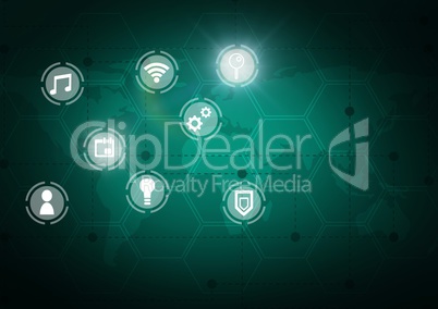 Icons interface of Internet Of Things over green map background