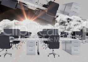 inverted office in clouds with flare