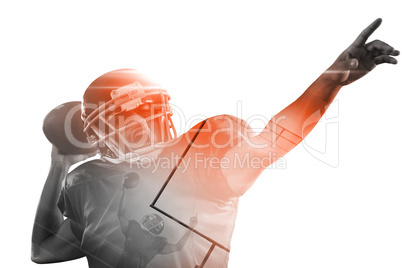 American football player with ball pointing