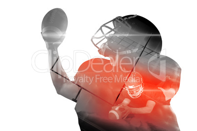 Composite image of american football player in jersey and helmet holding ball