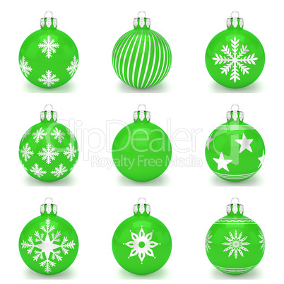 3d render - set of green christmas bauble over white background