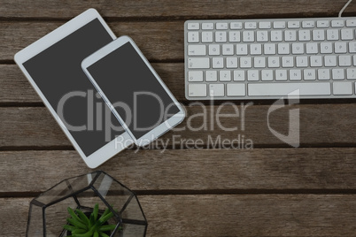 Digital tablet, mobile phone, pot plant and keyboard on wooden plank