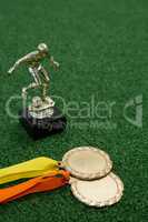 Trophy and medals on artificial grass