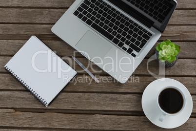 Laptop, notepad, pen, pot plant, and coffee on wooden plank
