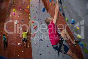 Confident athletes and trainer climbing wall in club