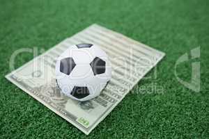 Footballs and currency notes on artificial grass