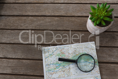 Pot plant, magnifying glass and map on wooden plank