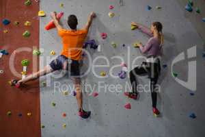 Rear view of athletes rock climbing in club