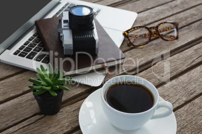 Black coffee, camera, pot plant, spectacles, organizer and laptop on wooden plank