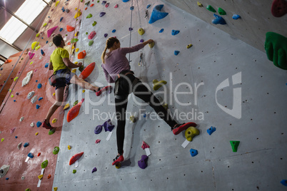 View of athletes rock climbing in fitness club