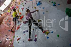 View of athletes rock climbing in fitness club