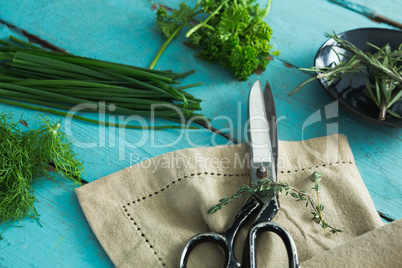 Various herbs, scissors and napkin on wooden table