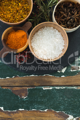 Various spices arranged in board