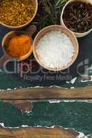 Various spices arranged in board