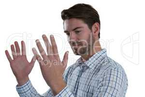 Man gesturing against white background