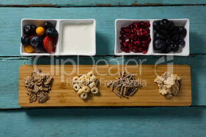 Assortment of breakfast cereals, yogurt and fruits
