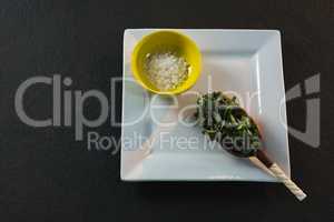 Herb in a scoop with salt