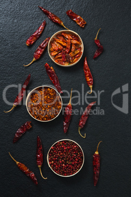 Dried red chili pepper and crushed red pepper in bowl