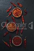 Dried red chili pepper and crushed red pepper in bowl