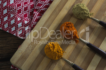 Turmeric powder, red chili powder, coriander powder on chopping board