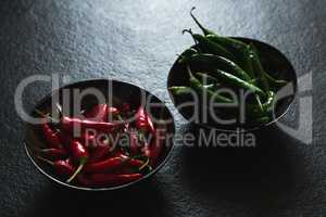Green and red chili pepper in bowl